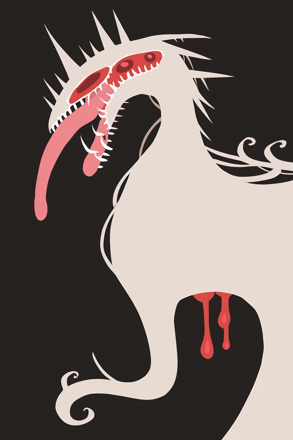 masterpiece, best quality, <lora:style23:1>,simple background, solo, no humans, dragon, horns, black background, flat color, monster, tentacles, eastern dragon, abstract, open mouth, teeth, tongue, red eyes, sharp teeth, silhouette, long hair, upper body, 1girl, tongue out