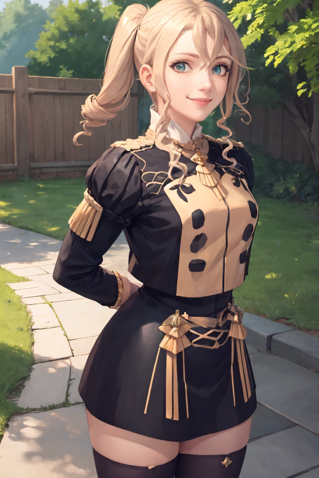 (masterpiece, best quality:1.2), solo, 1girl, alisharnd, smile, looking at viewer, arms behind back, side ponytail, drill hair, gmuniform, blue thighhighs, outdoors <lora:tales_diphda:0.8> <lora:gmuniform-nvwls-v1:1>