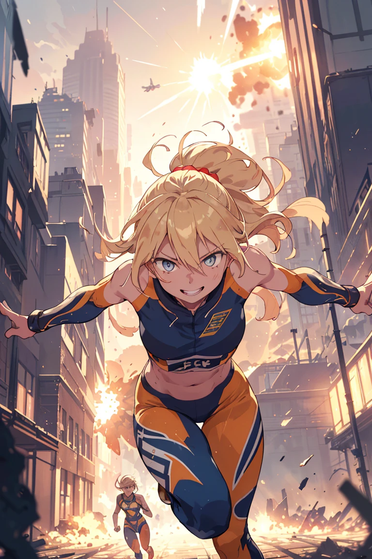 women's track and field, blond, she is battle runner, during deadly race,
wearing pants type battle suit,
death sprinting, running through collapsing city at violent speed,
BREAK extremely forward-leaning posture, run like cheetah, vibrant eyes, fearless smile, full of life,
huge explosion occurs in her back, explosion flash and backlight,
people fleeing, the town is in panic,
dust rises on her trail,
in future metropolis,
helicopter and searchlight in the sky, skyscrapers,
(dynamic effects, chaotic effects, dynamic hair),
blurry background, bokeh, depth of field,
(masterpiece), (best quality), (extremely detailed), (vivid colorful image),
sharp image, clear image, vivid image,
detailed body, detailed hair, detailed face, detailed eyes, detailed background,