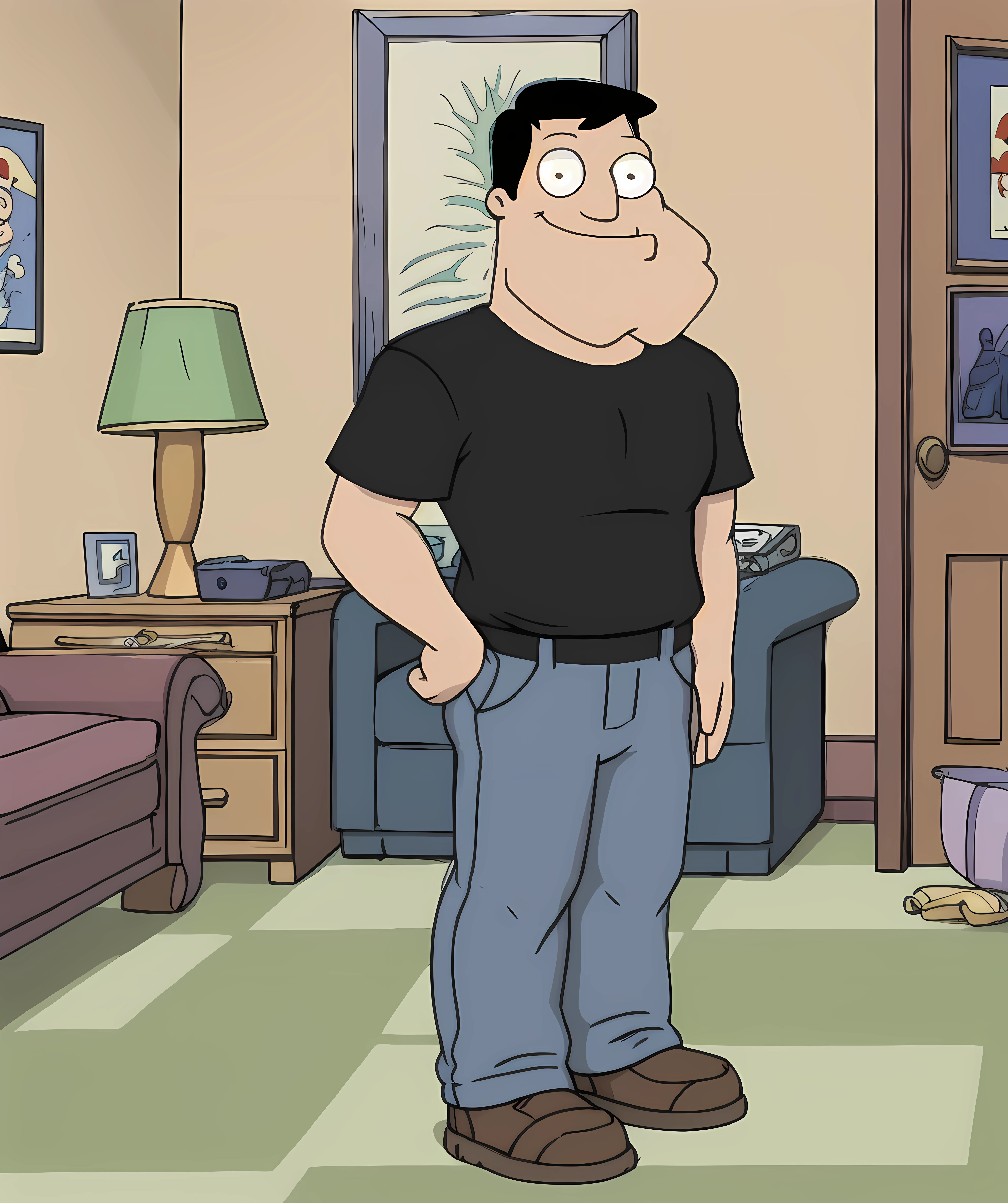 stan_smith, male focus, (cartoon), shirt, long pants, standing, living room, smile, looking to viewer, eyes <lora:Stan_Smith-15:0.9>