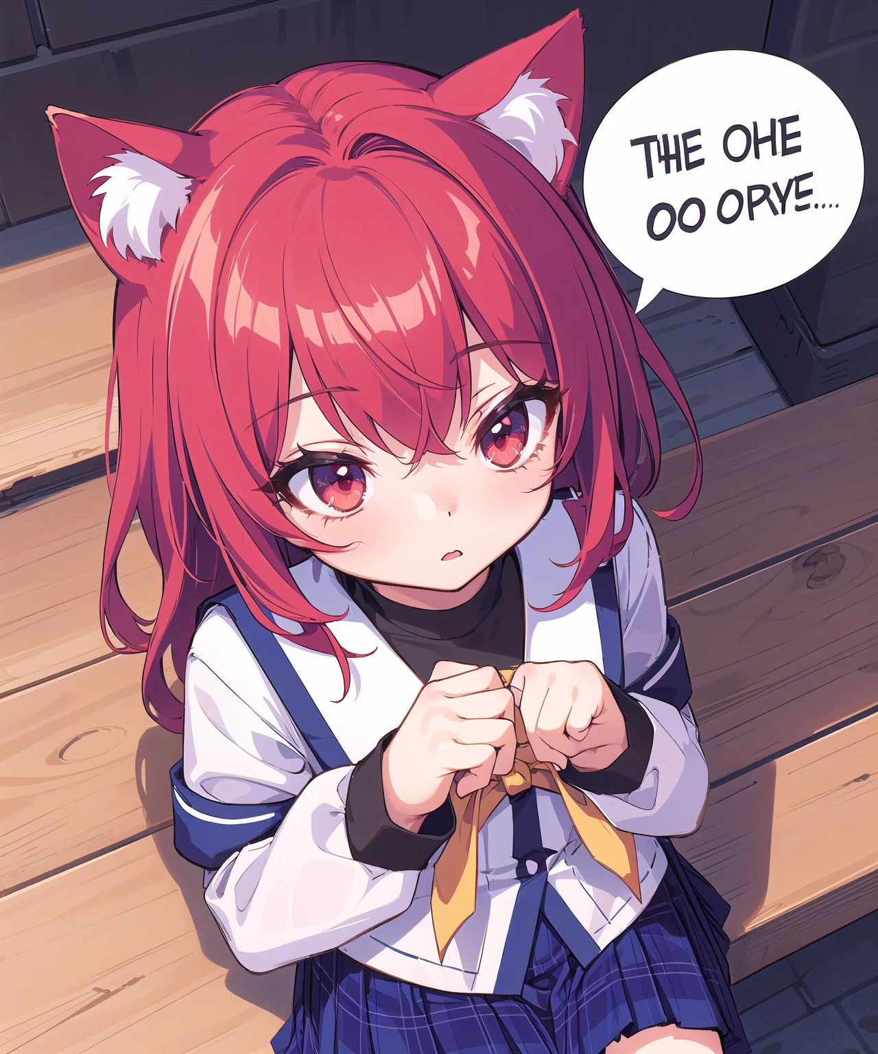 (cds school uniform:1.2),petite,red hair,cat ears,red eyes,teen,black long sleeves,speech bubble,from above,, masterpiece,best quality,