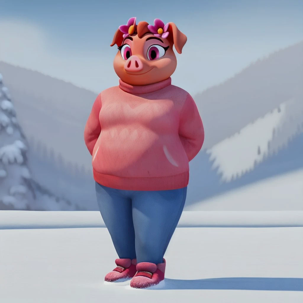 <lora:Newnupogodi_Pig:0.7>
3d, masterpiece, solo, 1girl, female, pink eyes, hair, flower in hair,
newnupogodi_pig, pig, winter, pink sweater, jeans, winter shoes,