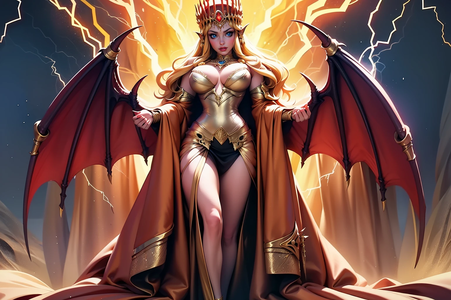 ethereal fantasy concept art of beautiful adult woman, age 40, high quality, best quality, blonde hair, blue eyes, ornate, <lora:Outfit_AthenaCosplay:0.8> ath3na, crown, full body, dress, from below, cleavage, necklace, cape <lora:Outfit_v-DemonGown:0.8> d3m0ndr3ss, long dress, red dress, demon wings, lightning backdrop, . magnificent, celestial, ethereal, painterly, epic, majestic, magical, fantasy art, cover art, dreamy