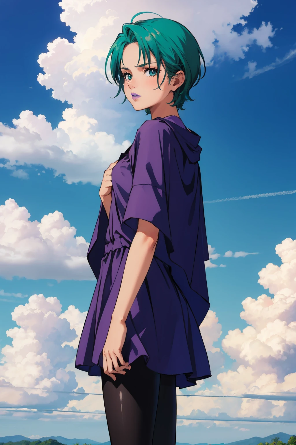 masterpiece, best quality, <lora:fourmurasame-nvwls-v1-000009:0.9> fourmurasame, lipstick, purple shawl, purple dress, black pants, from side, sky, clouds, looking at viewer