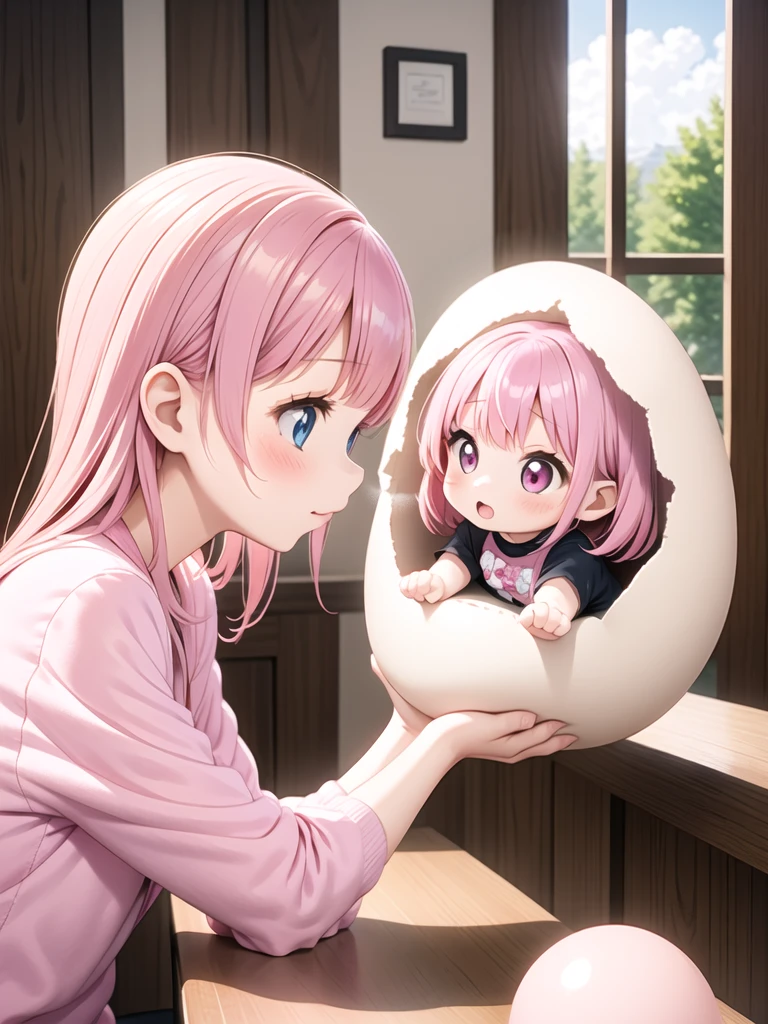 masterpiece, best quality,ultra detail,2 girls, holding a giant cracked egg, (a chibi girl into giant egg) <lora:holding hatched egg-001_0.7:0.7>