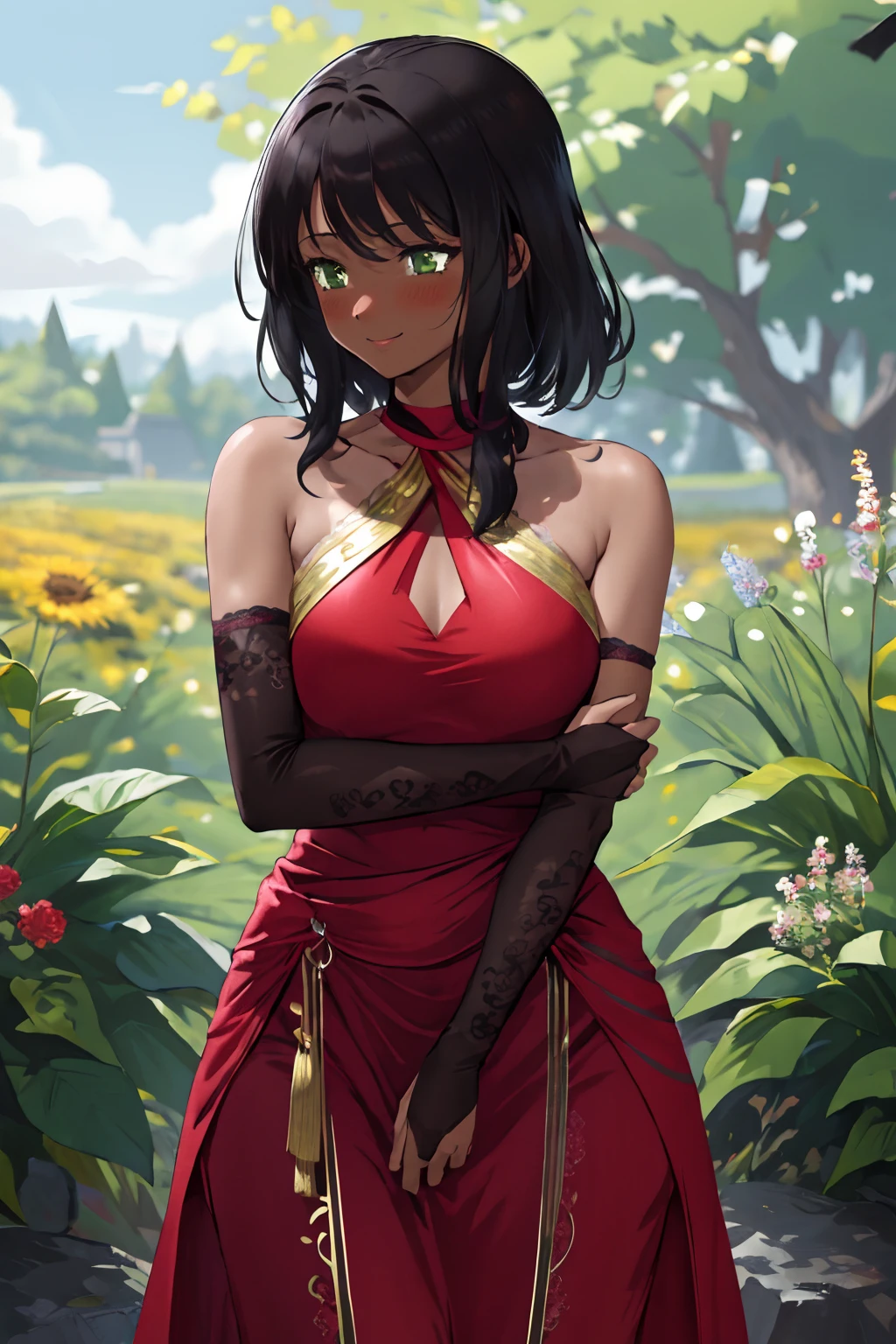 masterpiece, 4k, best quality, highly detailed, dark hair, green eyes, dark-skinned female, dark skin,medium hair, red elbow gloves, red halter dress, red dress, outdoors, gold details,(holding own arm:1.2), embarrassed,full blush,looking away, smile <lora:bridal gauntlets v1:1>, lace traced