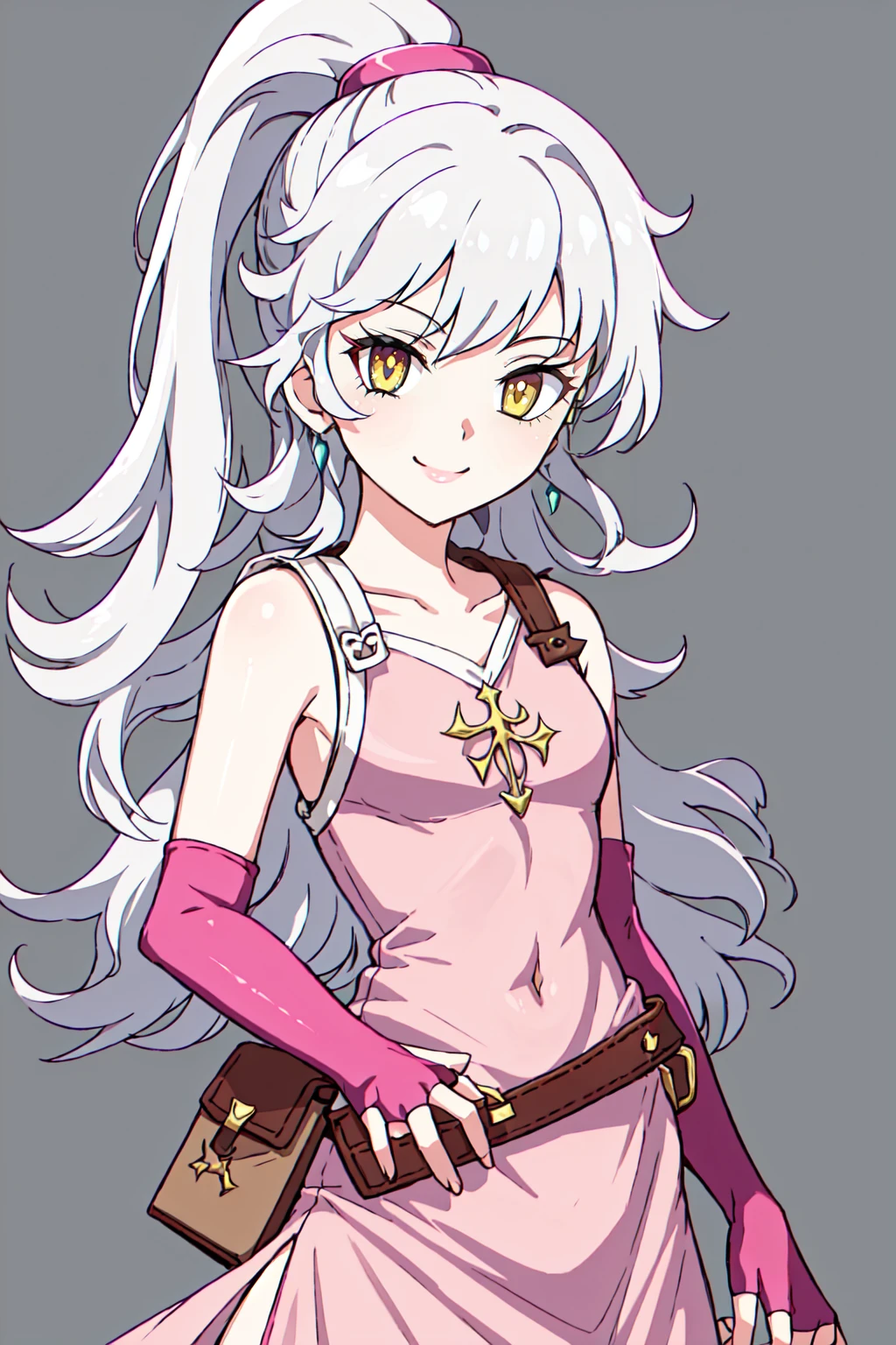 AdelleFFTA, 1girl, solo, yellow eyes, ponytail, long hair, white hair, grey hair, slit pupils, smile, looking at viewer, gloves, fingerless gloves, pink dress, covered navel, belt, pouch, simple background, , <lora:Adelle_FFTA-10:0.6>