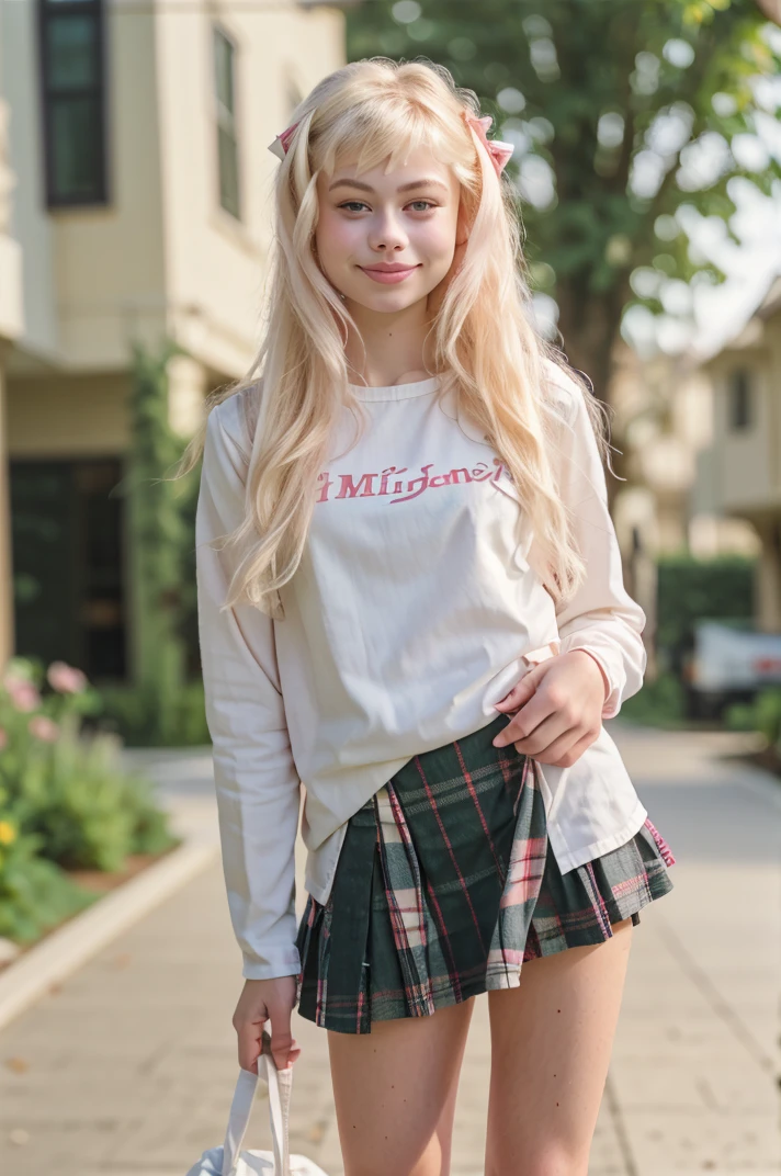 tv_kissnlace_AKA_Jessica_OF_V1 ,nikon, scene, full body shot, walking through the street of a burning city, wearing a plaid skirt, wearing a white shirt, war torn, rubble, ruins, fog, night, detailed skin, epiCRealism, epiCPhoto,