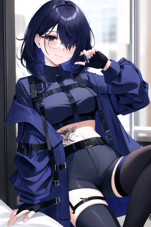 yuu, 1girl, black gloves, dark hair, black legwear, breasts, cowboy shot, (black crop top), fingerless gloves, ((circle glasses)), gloves, hair over one eye, blue jacket, single pant leg, leg belt, long sleeves, looking at viewer, midriff, mole, navel, open clothes, shirt, ((solo)), (tattoo, thigh tattoo), thigh strap, thighhighs, smirk, <lora:YUU-PC-RC2:1>, indoors, sitting,