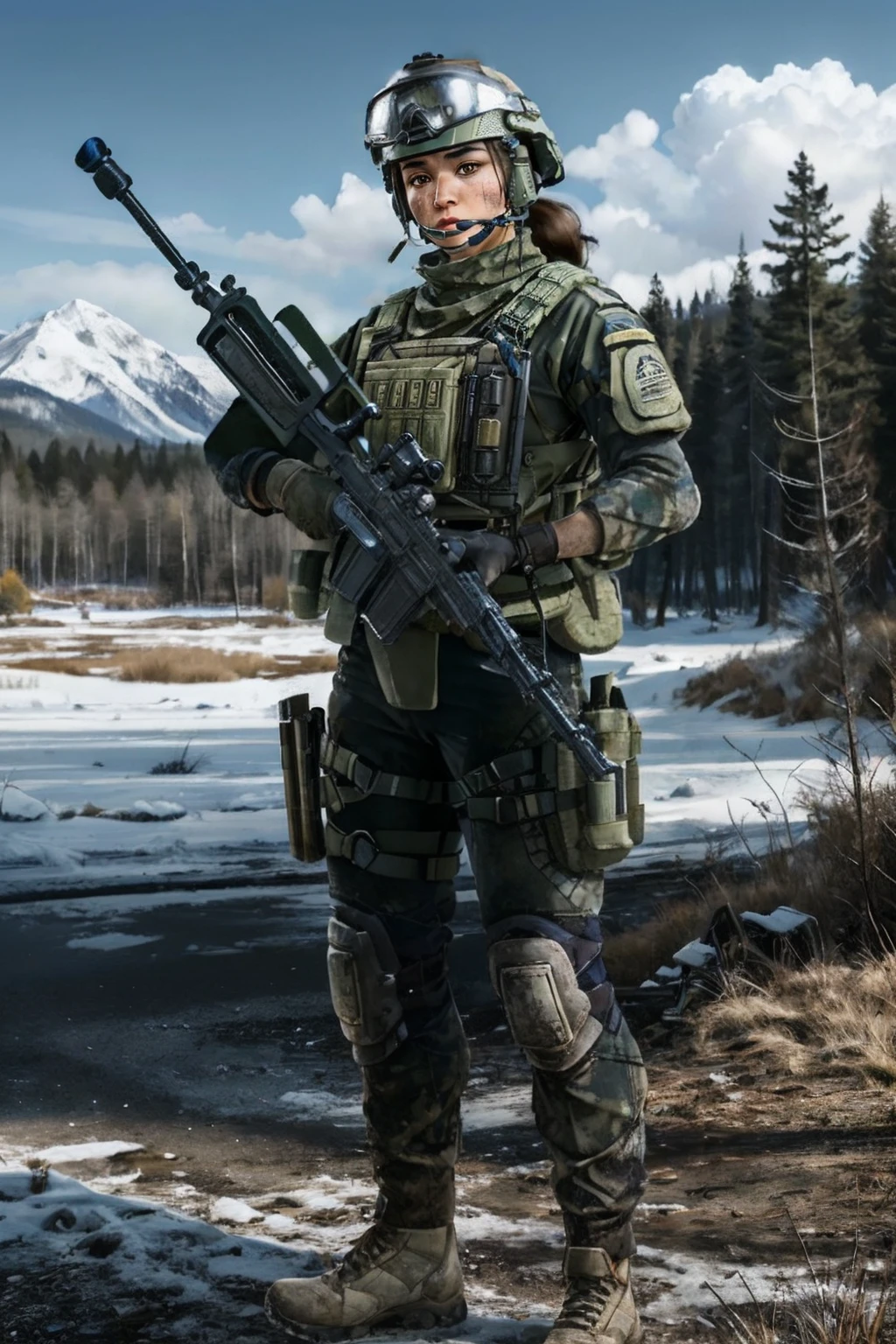 blasco, yellow eyes, dirty face, helmet, goggles on helmet, ponytail, military clothes, bulletproof vest, knee pads, boots, looking at viewer, serious, full body shot, standing, holding weapon, rifle, outside, park, field, trees, mountain, winter, blue sky, high quality, masterpiece, <lora:blasco-08:.8>