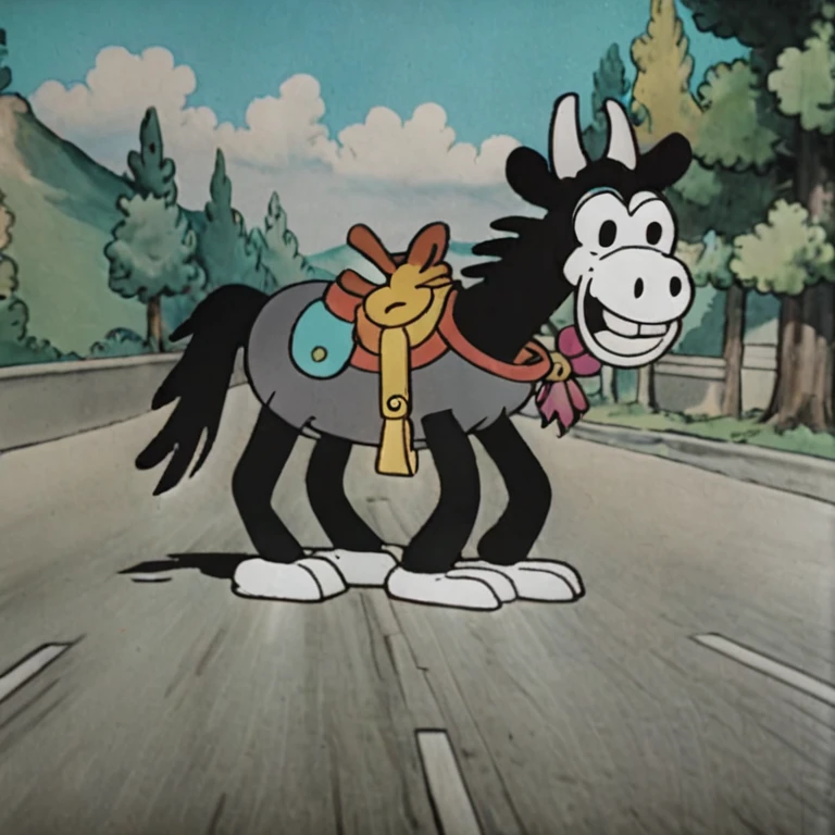 a frame from a colorful cartoon film of a horse on the road in style steamboat willie  <lora:Steamboat_Willie_Style_XL-000003>