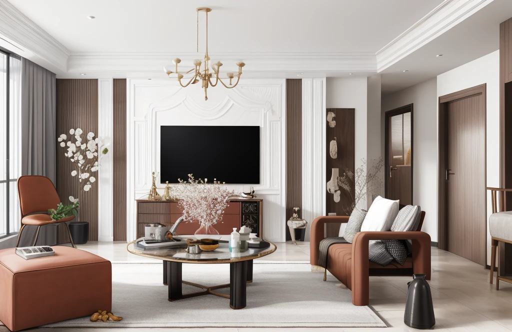 Photos of interior, sofa, window, ceiling, curtain, best quality, masterpiece, high quality, real, realistic, super detailed, full detail, 8K,living room,sofa,Television,TV Stand,Coffee Table,Side Table,Rug,Pendant Light,Bookshelf,Curtains,Vase,Decorative objects,Wall Decorations,Minimalism, Modern, Contemporary, extremely detailed, masterpiece, natural light,