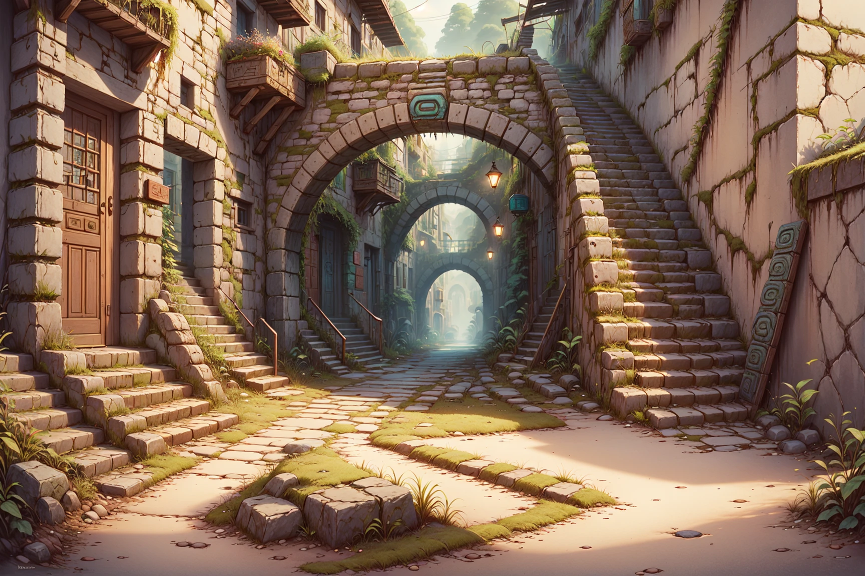 <lora:AztecWorld:1> masterpiece, best quality, aztecworld, winding alleyway,