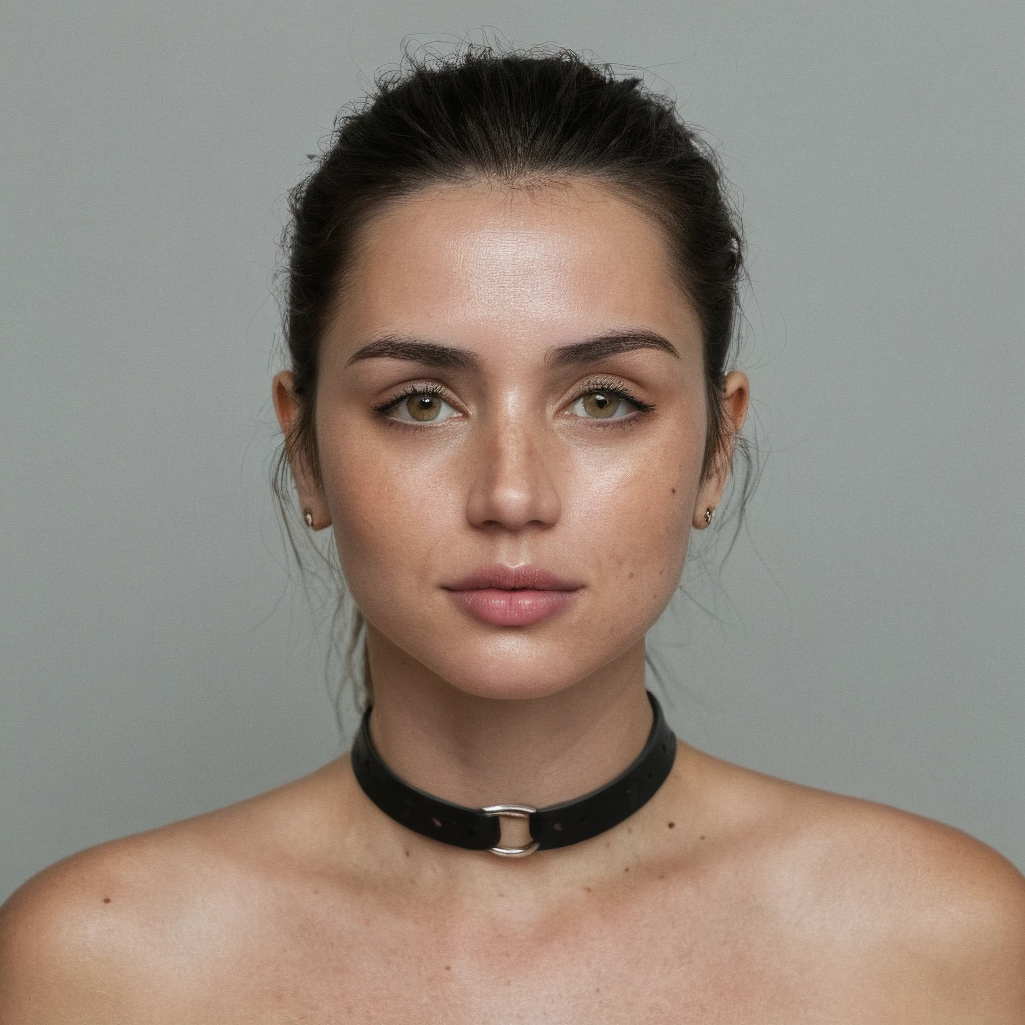 (Skin texture, pores, blemishes), Super high res portrait photo of a woman wearing no makeup, wearing a thin leather choker,f /2.8, Canon, 85mm,cinematic, high quality, skin texture, looking at the camera, skin imperfections,  <lora:anarmas2_xl4_standard-merger_36_55_70_92_025_025_025_025:1>,