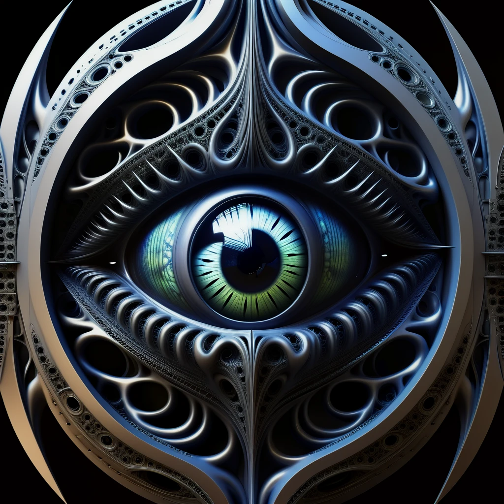 Alien-themed Gothic style, a huge eye inside of a fractal abstract metal sculpture, watcher, matte, dark and mysterious, Extraterrestrial