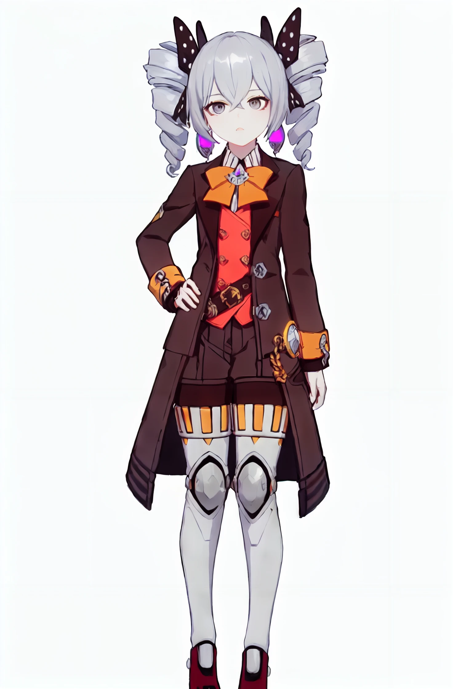 8k,best quality,masterpiece,(ultra-detailed:1.1),(high detailed skin),
(full body:1.3),white background,standing,looking at viewer,(solo:1.4),hand on hip,
<lora:liming-v100:0.8:lbw=OUTALL>,yinlang,1girl,bronya zaychik,earrings,jewelry,grey eyes,drill hair,bangs,brown jacket,twin drills,
(white background, simple background:1.6),
(beautiful_face),((intricate_detail)),clear face,
((finely_detailed)),fine_fabric_emphasis,
((glossy)),full_shot,