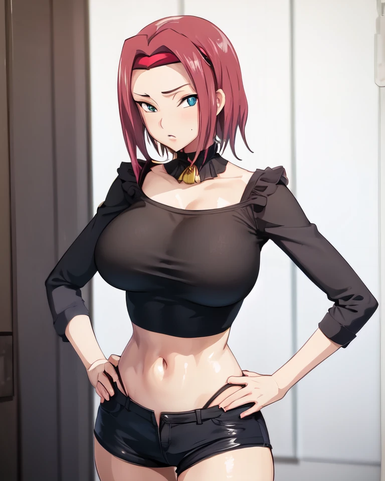 <lora:Iwao-NAI-LyCORIS-512px:0.9>
1girl, solo, hands on hips, blue eyes, short red hair, hairband, wearing (crop-top, short shorts), midriff