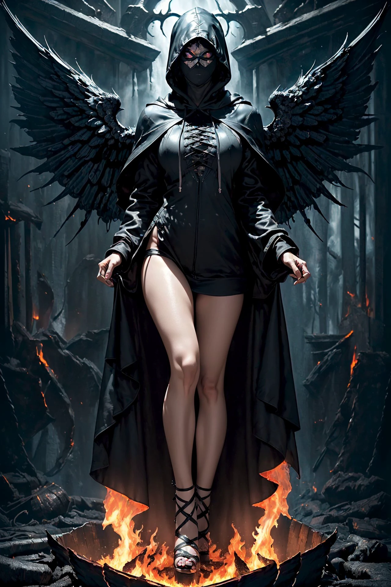 (dark angel (with big wings:1.1) in a hood with no face:1.8) in a black robe (In a brightly burning hell:2) holding a sword, (dynamically floating in the air, levitates at full height, among thunderclouds at full height in sandals:1.5), fantasy art, the angel of death, d&d dark fantasy style, highest quality, masterpiece, ultra-detailed, dof, artistic lighting, rimlight, 4K, RAW, best quality, (masterpiece), (ultra-detailed), (hyperrealism:1.2), extremely detailed eyes, (extremely detailed face), textured skin, (photorealistic, hyperdetailed:1.2), insane details, highest quality, masterpiece, ultra-detailed, dof, artistic lighting, rimlight
