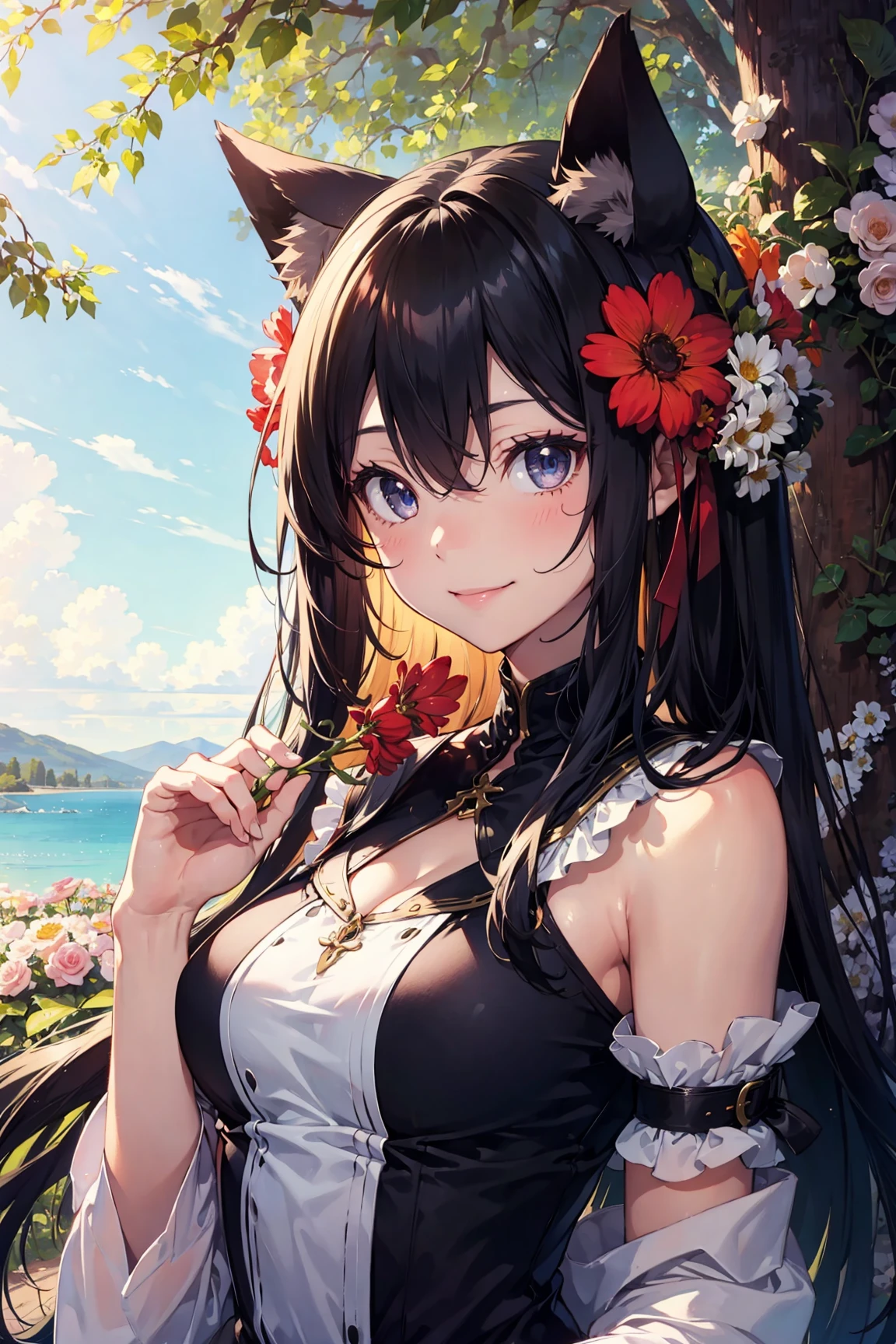 1girl, flower, long hair, eyes, smile, animal ears, upper body, tree, medium breasts, black hair, masterpiece, best quality,