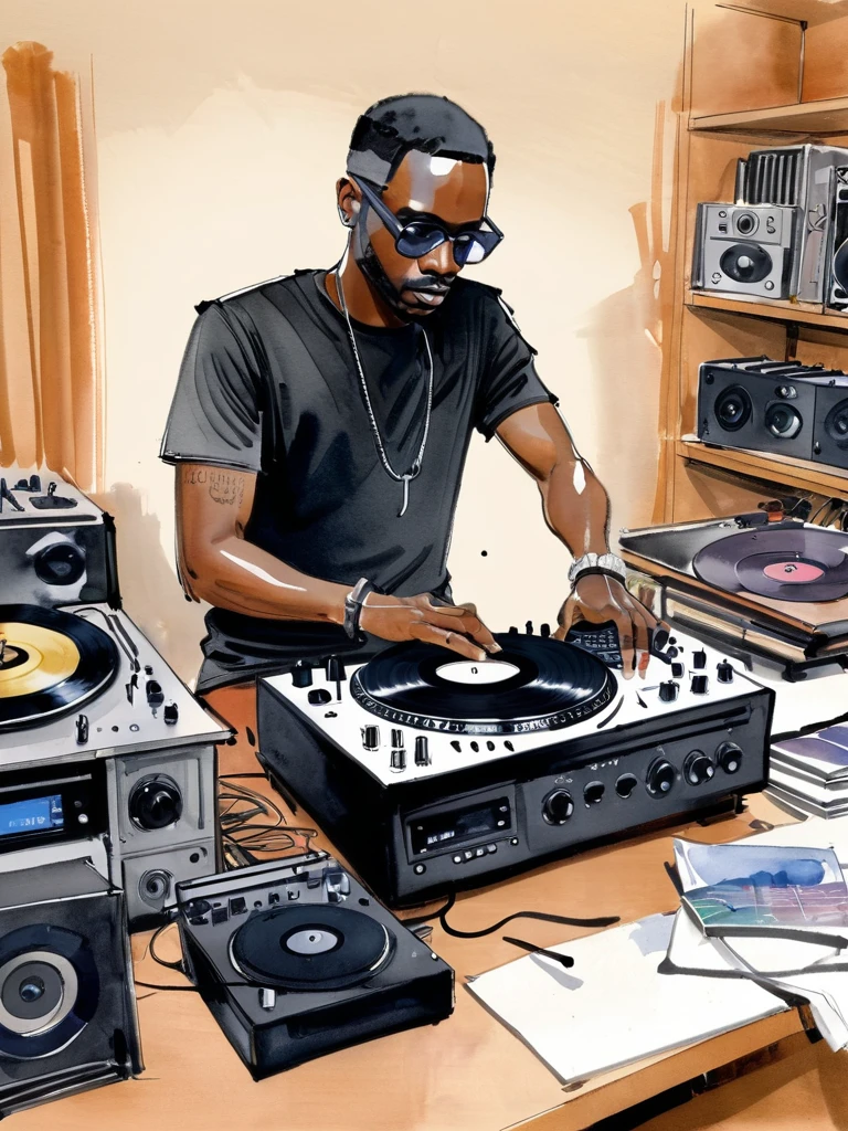 watercolor lineart sketch by Kagan-McLeod, A black DJ in his studio, vinyl is scattered everywhere, <lora:Kagan-McLeod:0.8>