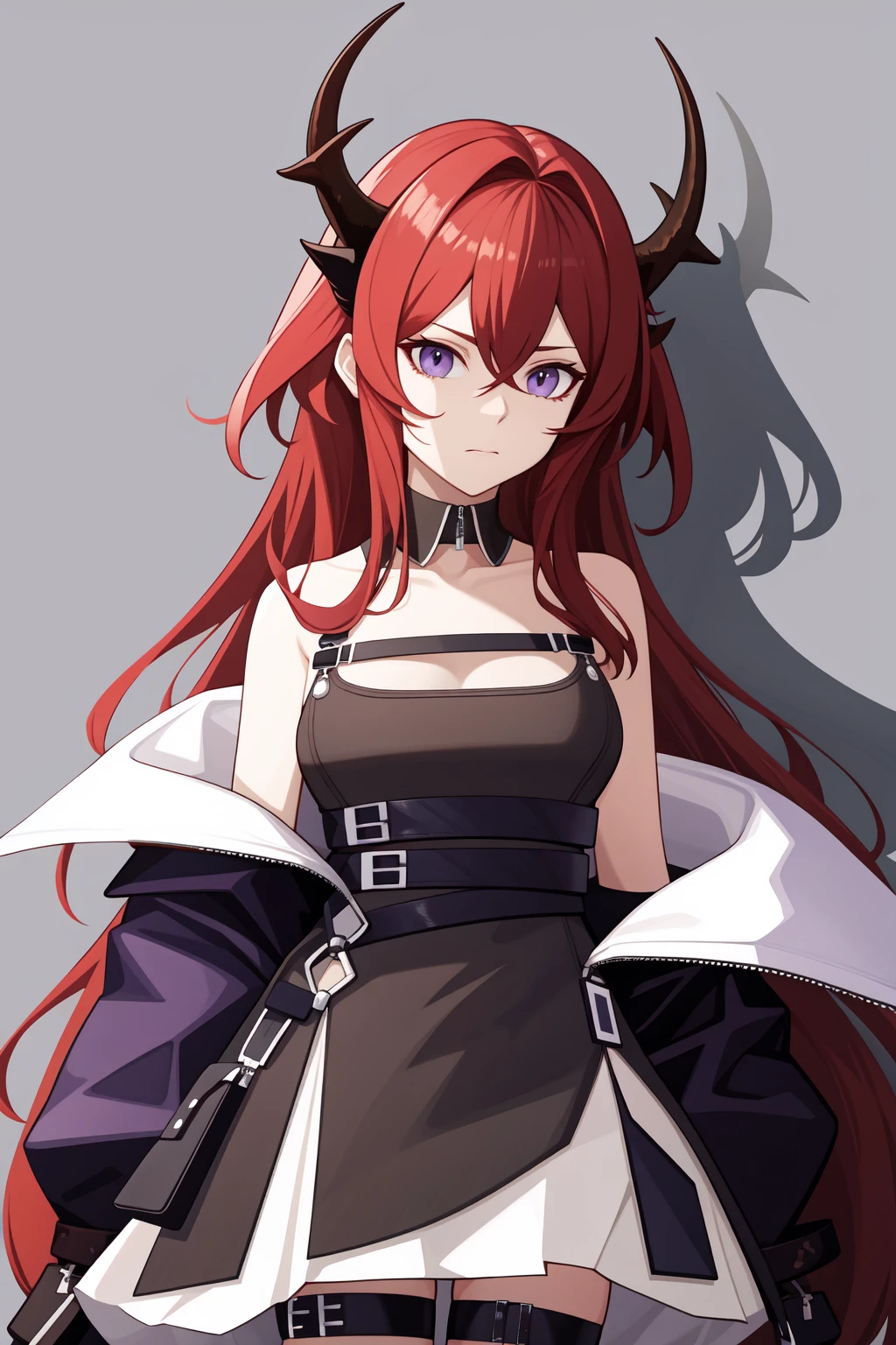 <lora:å²å°ç¹å°-000010:1>, surtr \\\(arknights\\\),surtr \(arknights\),horns,purple eyes,red hair,long hair,bare shoulders,bangs,dress,black dress,hair between eyes,chest strap,demon horns,off shoulder,thighhighs,black thighhighs,detached collar,, 1girl,
, (masterpiece,best quality:1.2),absurdres