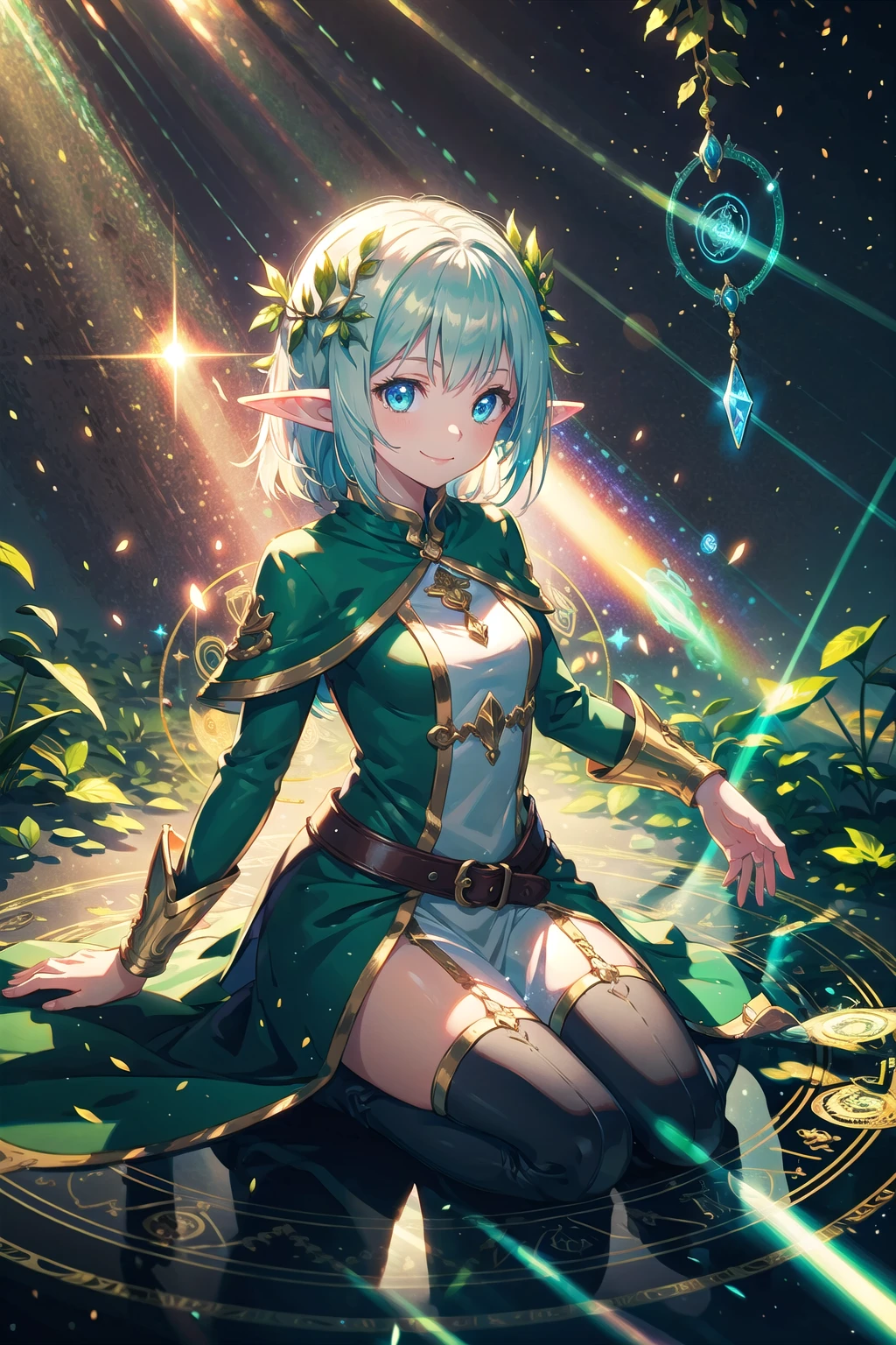 (masterpiece), 1girl, smile, elf, fantasy, nature, magic circle, light particles, light rays