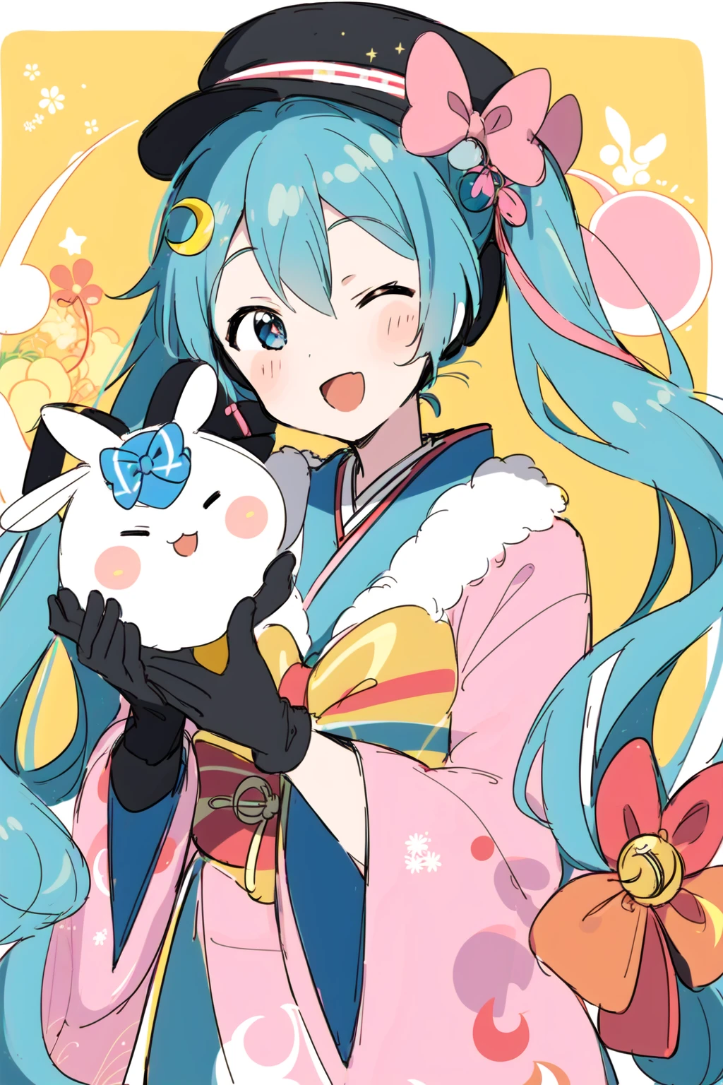 perfect linear art, yuki miku, 1girl, hatsune miku, rabbit, one eye closed, crescent, open mouth, gloves, pink bowtie, rabbit yukine, upper body, blue hair, blue eyes, bow, pink bow, twintails, 1other, smile, kimono, japanese clothes, fur trim, crescent hair ornament, long hair, multicolored hair, black gloves, hat, fur-trimmed kimono, light blue hair, looking at viewer, animal, blue gloves, pink kimono, very long hair, pink hair, bowtie, yellow background, hair bow, ribbon, >_o, hair ornament, hair ribbon, multicolored eyes, holding, wide sleeves