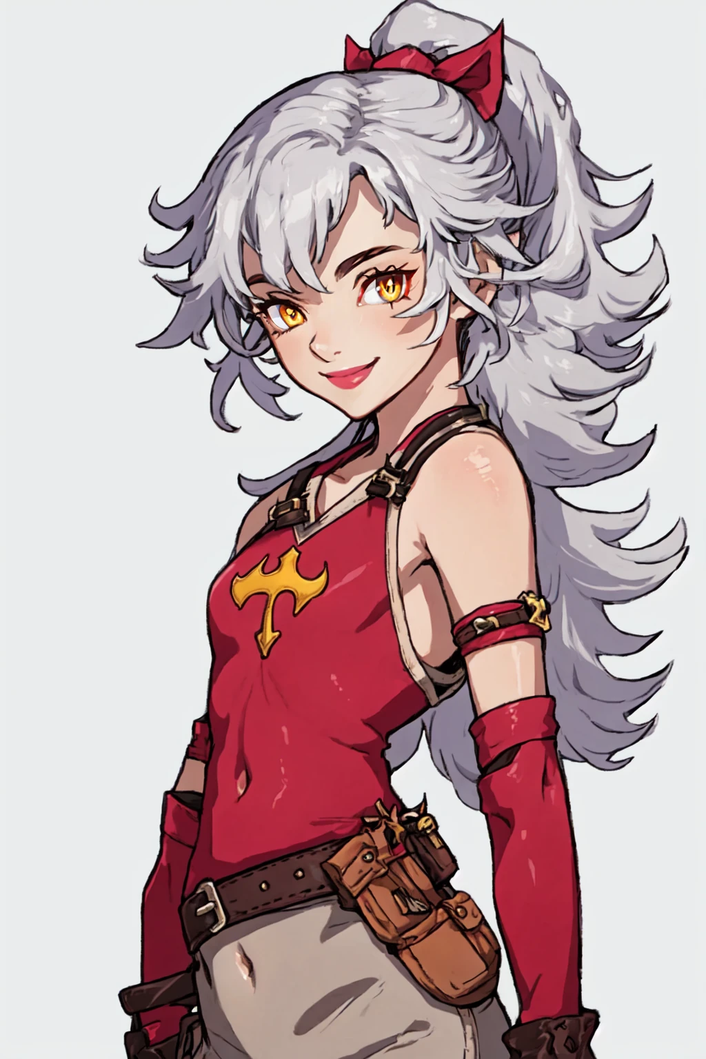 AdelleFFTA, 1girl, solo, yellow eyes, ponytail, long hair, white hair, grey hair, slit pupils, smile, looking at viewer, gloves, fingerless gloves, covered navel, belt, pouch, simple background, <lora:Adelle_FFTA-09:0.8>