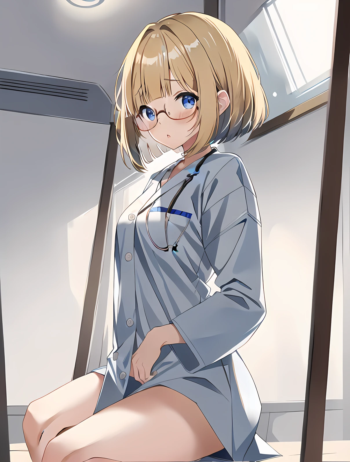 anime girl with big breast posing in a laboratory, beautiful eyes finely detailed, glasses, blush on her face, Hakase, seductive anime girl, smooth anime cg art, oppai, anime moe artstyle, girl in laboratory coat, [ 4 k digital art ]!!, thicc, cute anime waifu in a nice laboratory coat, (sfw) safe for work, fluffy chest, marin kitagawa fanart, attractive anime girl