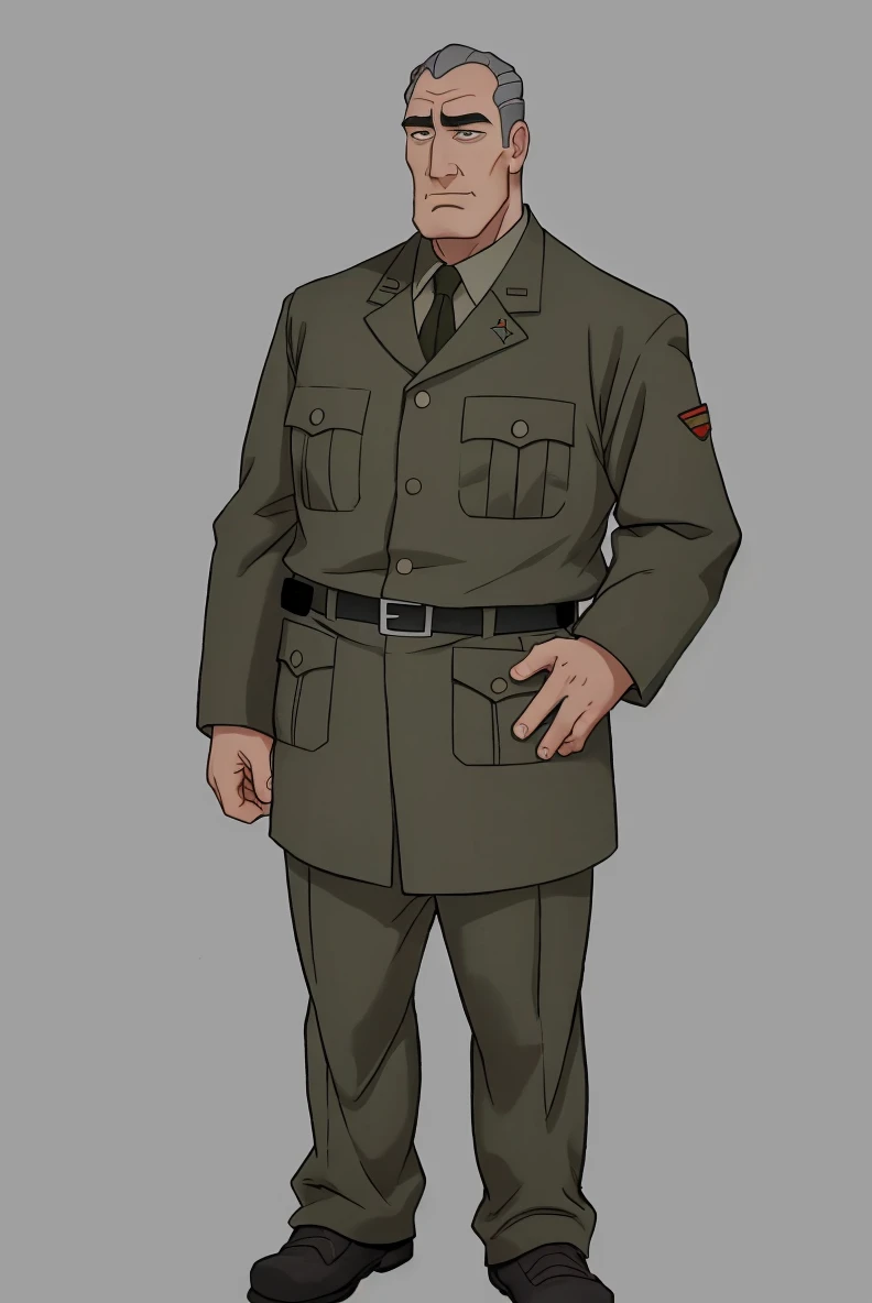 (RAW photo), 1boy, lylerourke, <lora:LyleRourke:0.6>, military uniform, standing, grey background