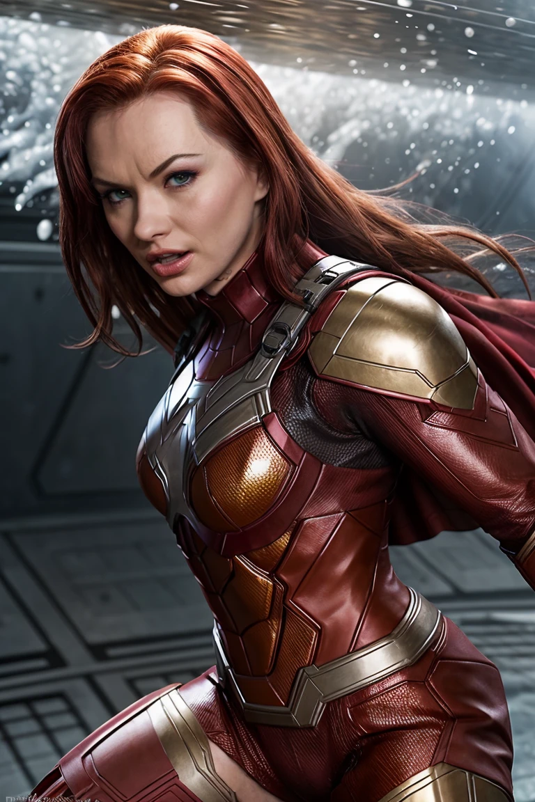 Marvel Cinematic Universe ,(best quality), (detailed) , breathtaking, <lora:quiron_KatjaKassin_v1_Lora:0.97> KatjaKassinQuiron, redhead, a woman, 1girl, flying , closeup water splash gradient color perspective by Roger Deakins,, . Superheroes, epic battles, colorful, highly detailed