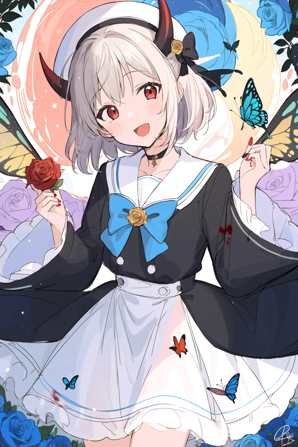 1girl, solo, bug, red eyes, butterfly, hat, blue flower, flower, holding flower, hat bow, rose, wings, smile, blue rose, bow, holding, horns, long sleeves, blood, moon, black bow, looking at viewer, white hair, short hair, choker, frills, white headwear, sailor collar, cowboy shot, signature, wide sleeves, dress, artist name, :d, head tilt, frilled shirt collar, nail polish, bangs, white shirt, red nails, open mouth