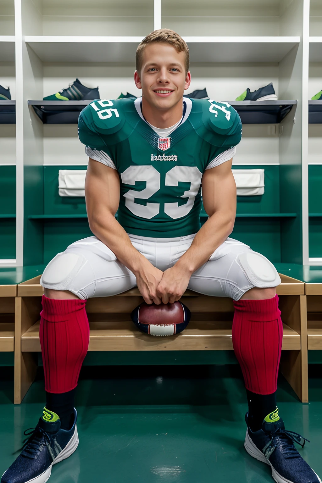 In an American football locker room, (sitting on a locker room bench), legs spread open, ZacDeHaan is a (American football player) wearing (red color jersey:1.3), ((shoulder pads)), ((jersey number 25)), (white football pants and thigh pads:1.3), (green socks:1.4), (long socks), (black sneakers:1.2), smile, highly detailed, sharp focus, masterpiece, (((full body portrait))), (full body), wide angle, (high face detail) <lora:ZacDeHaan:0.8>