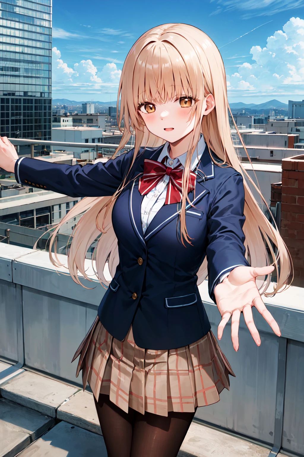 masterpiece, best quality, highres, aamahiru, long hair, red bowtie, blue jacket, blazer, long sleeves, plaid skirt, brown skirt, pantyhose, <lora:shiina_mahiru_v1:0.7>, reaching out, city, rooftop, sky, standing