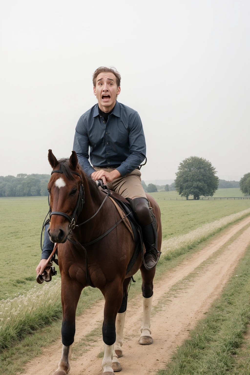 a man riding a horse through a field for the first time BREAK (scared expression:1.4)
<lora:scared_v2:1.0>