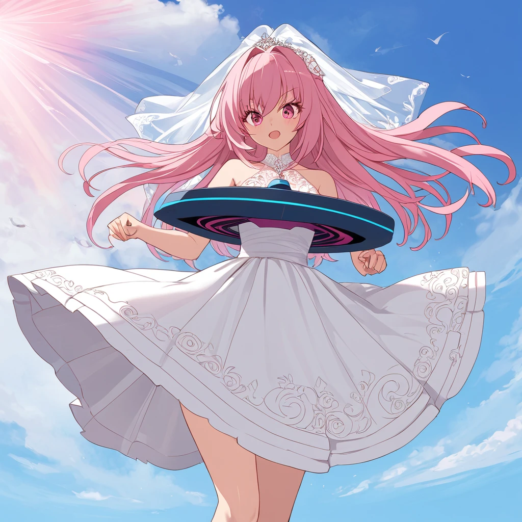 <lora:female_blade:1>\female_blade\,pink hair, wedding dress , with 1 girl,spinning top. in a sky.