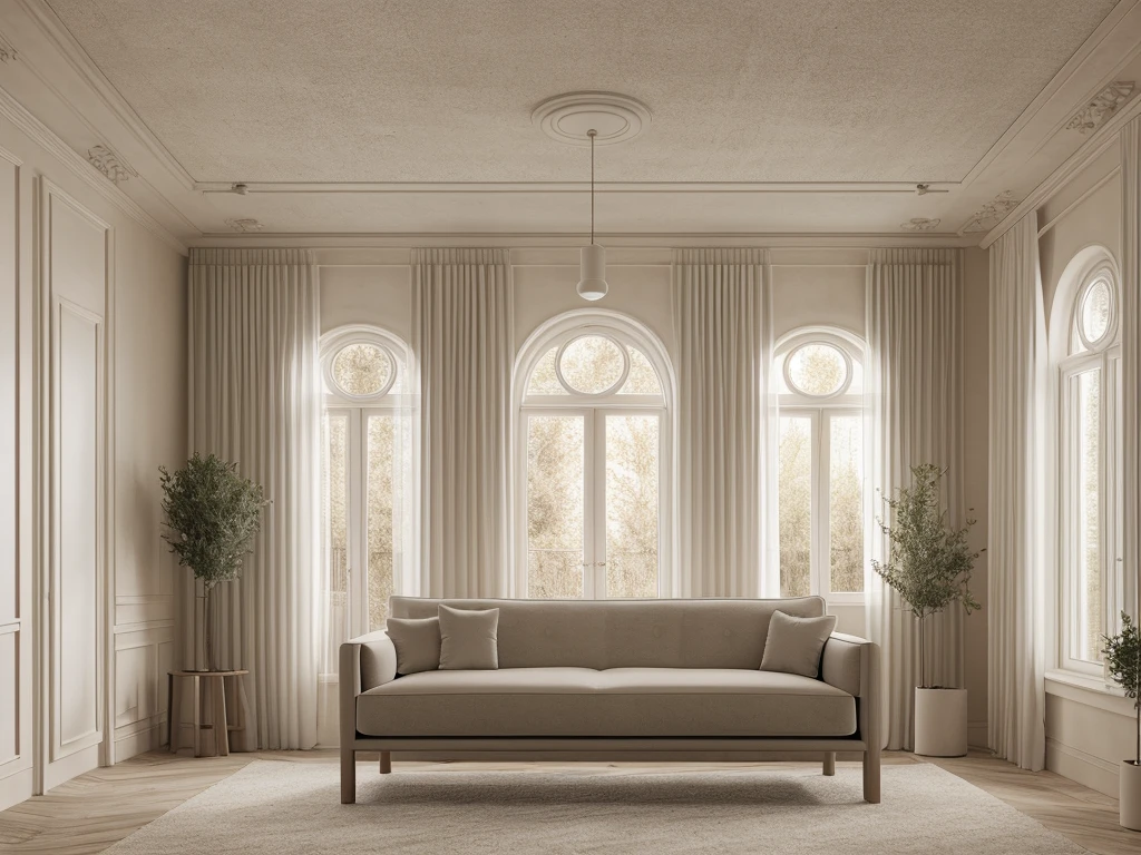 Photos of interior, sofa, window, ceiling, curtain, best quality, masterpiece, high quality, real, realistic, super detailed, full detail, 8K,Lao Chen, modern beige, indoor