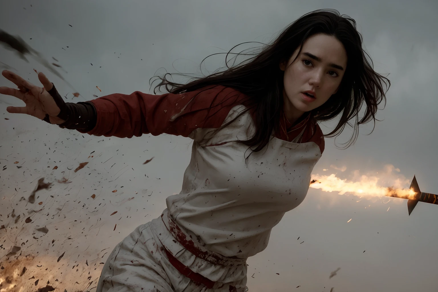 Horror-themed, wide angle, full body, action shot,<lora:samurai style SD1.5:1.2>an epic cinematic photo of (Jennifer connelly, <lora:j3nc0n:1> woman, black hair, hazel eyes) in a legendary armor with perfect hands female samurai style, Eerie, unsettling, dark, spooky, suspenseful, grim, highly detailed, Tokugawa shogunate, battlefield, mud, blood, smoke, flaming arrows falling from the sky