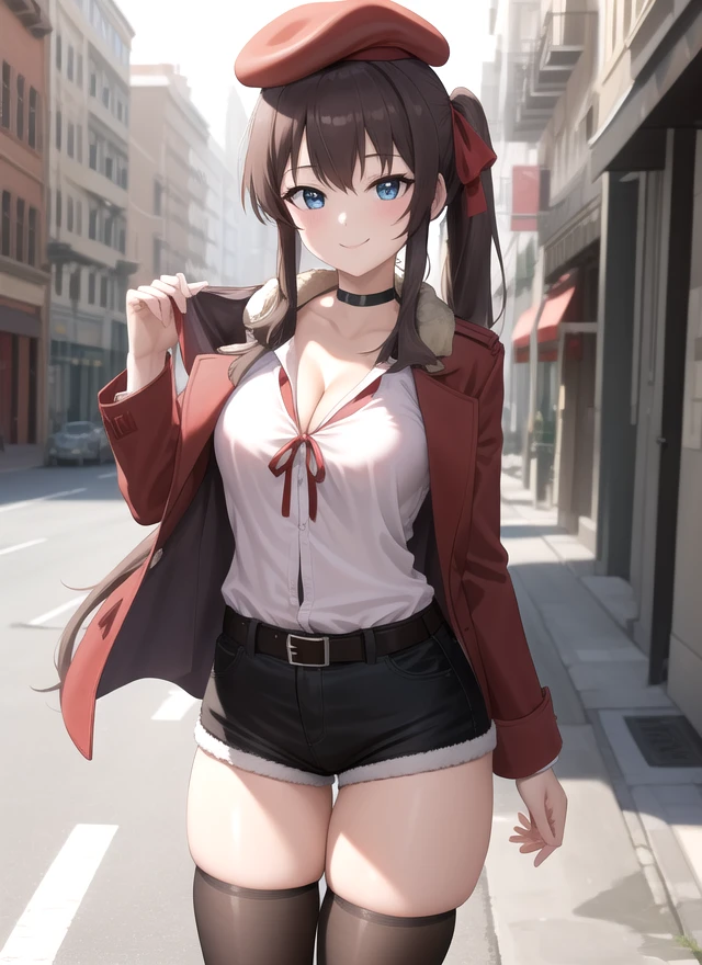 ((masterpiece)),(best quality),official art,extremely detailed CG,unity 8k wallpaper,ultra detailed,beautiful detailed eyes,extremely detailed face,1girl,solo,upper body,looking at viewer,female commander (girls' frontline),termichan (not-a-bot),smile,red beret,very long hair,brown hair,side ponytail,one side up,red headwear,bangs,blue eyes,choker,fur trim,red jacket,open jacket,white shirt,red ribbon,shirt ribbon,large breasts,cleavage,short shorts,black shorts,shorts rolled up,black thighhighs,belt,loafers,<lora:Female-Command(remake):1>,