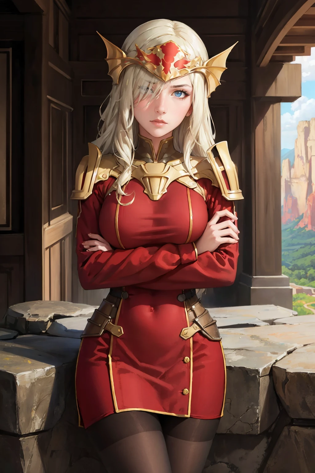 masterpiece, best quality,  <lora:pheros-nvwls-v1-000009:0.8> pheros, helmet, hair over one eye, shoulder armor, red dress, long sleeves, pantyhose, large breasts, looking at viewer, furrowed brow, crossed arms, head tilt, rock formations, cliff