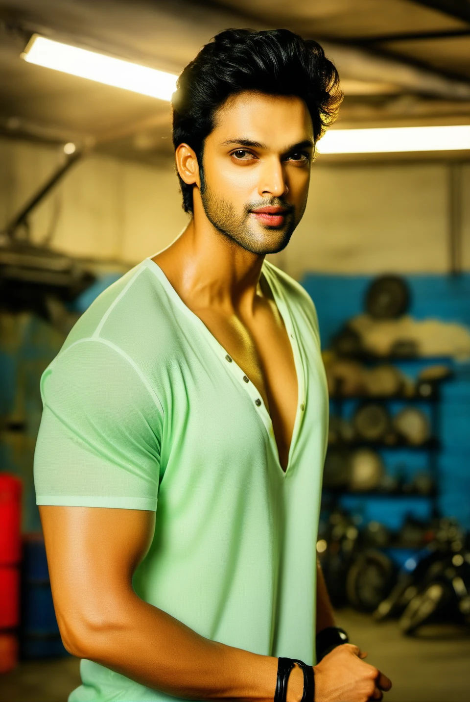 mahesh jadu a man <lora:parth-samthaan_Mahesh-Jadu:1>, in a garage in underwear, bulge, ((masterpiece)), ((best quality:1.2)), high resolution, 8k, (ultra_realistic:1.3), (photorealistic:1.4), (absurdres), sharp focus, highly detailed, professional lighting, photography, hdr, depth of field, film grain, 35mm, dslr shot, global illumination,