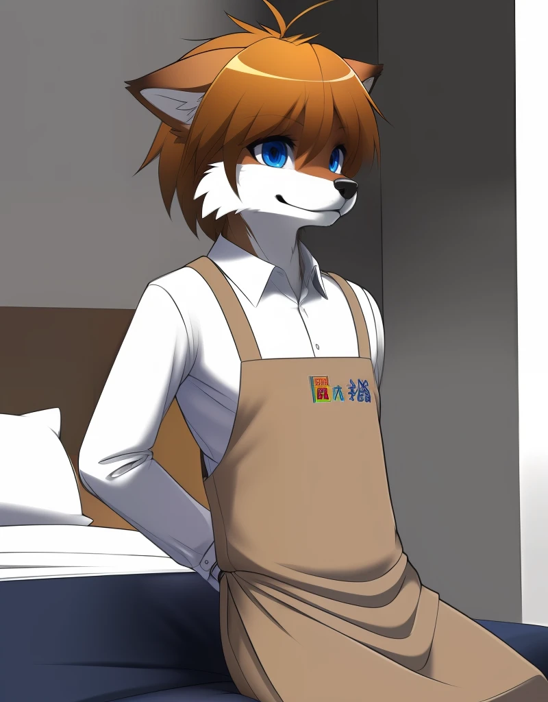 (((detailed eyes, detailed face))), (furry, gaku <lora:character_gaku_findigo_v1_2:0.9>, brown fur, two-tone fur, short hair, ahoge, dog boy, snout, half-closed eyes, adult), male, (solo), (skinny, tall), (brown apron, white shirt, grey pants), sitting, (arms behind back), smile BREAK (konzaburou, ukan_muri), bedroom, (flat shading, flat color, high brightness), 8k, UHD, masterpiece, (full body)