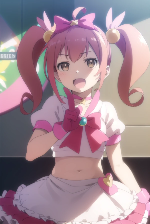 (masterpiece, 4K, Highest quality, anime style: 1.9, Detailed face, Lovely, Bold Line, High resolution, anime,bold,Curvaceous, Thighs, Small breasts,Cleavage, Center of chest, Very slim belly, Cowboy Shot, Pink micro bikini,1 girl,(blush,Surprised face),Naked in a swimsuit,Delicious Party♡Precure,Yui Nagomi,Cure Precious,Accurate limbs,Jail