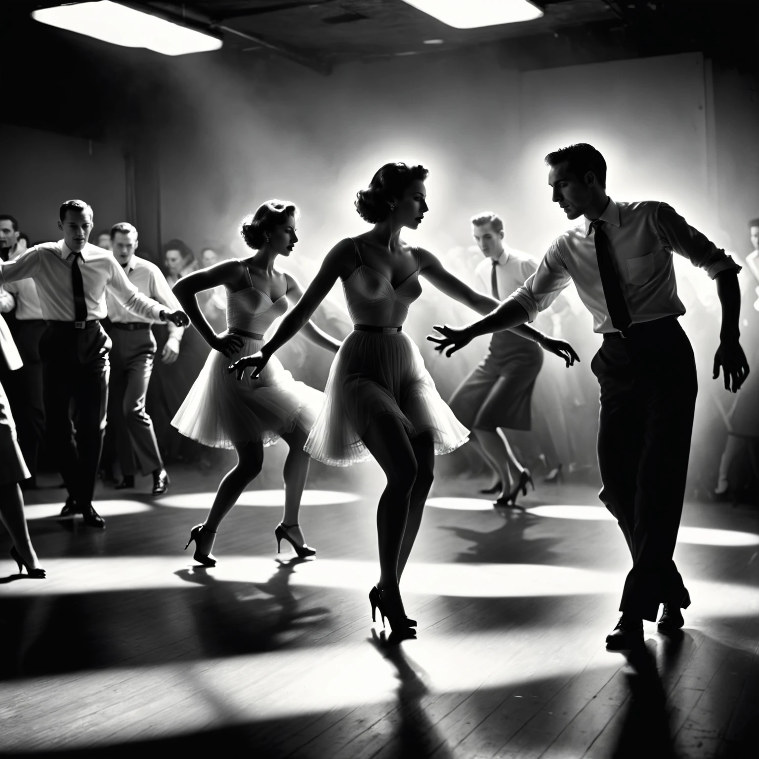sunlight_str1, (by William Klein:2.0), b&w photograph, two shot, men and women dancing inside a night club, 1950s, deep shadow, variegated lighting <lora:sunlight_str1:1.4>