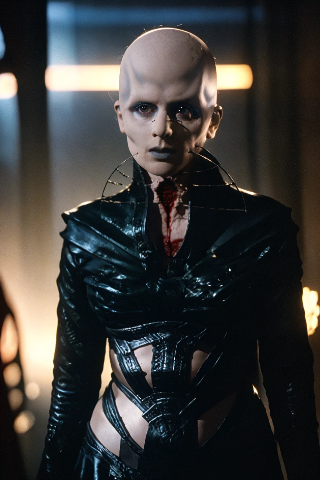 cinematic film still 1girl, demonic, (best quality, high quality, sharp focus:1.4), (face in blood:1.2), red eyes, (street:1.2), best quality, intricate details, realistic , masterpiece, hyper realistic, bokeh, 4k ,fine texture, <lora:f3mal3:1> f3mal3, bald . shallow depth of field, vignette, highly detailed, high budget Hollywood movie, bokeh, cinemascope, moody, epic, gorgeous, film grain, grainy