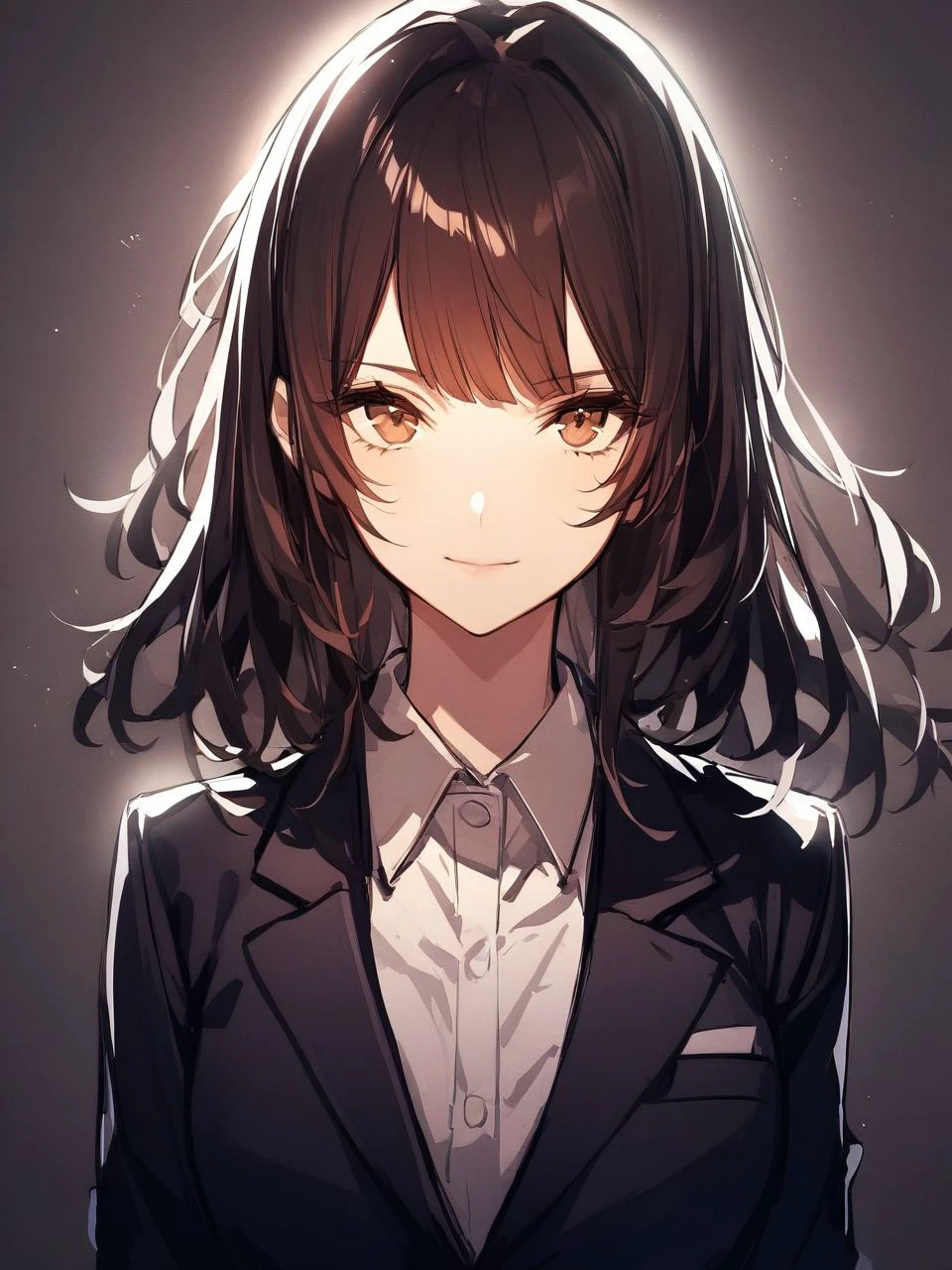 1girl, looking at viewer, light smile, blazer, dim light <lora:kincora_XL_style_v01.10.02:1>