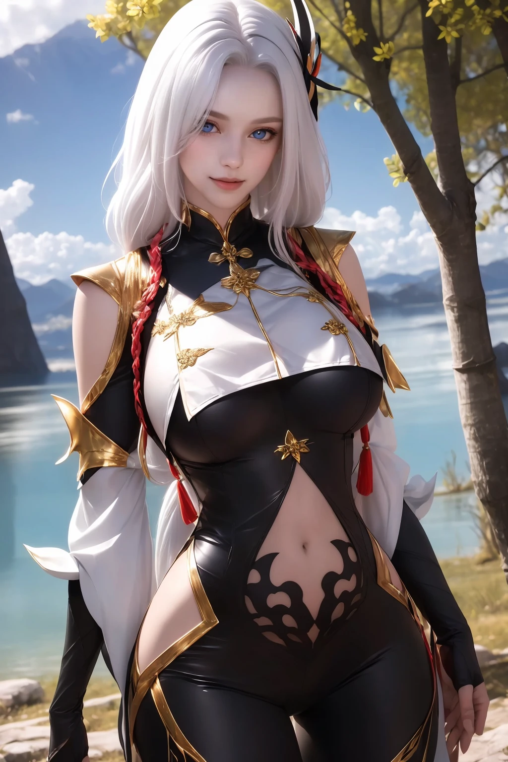 <lora:shen_09:0.8>,extremely detailed CG unity 8k wallpaper,best quality,realistic,world masterpiece,(highres, ultra detailed,8K),(extreme low camera),smile,shen,1girl,white hair,blue_eyes,hair_ornament,(long hair:1.1),looking_at_viewer,shoulder trim,white hair,black tights,tights,cosplay,