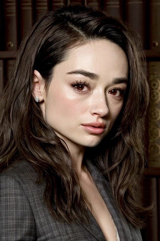 Crystal Reed, in business suit , elegant, serious look, unsmiling, lips lock together, photorealistic, realistic
