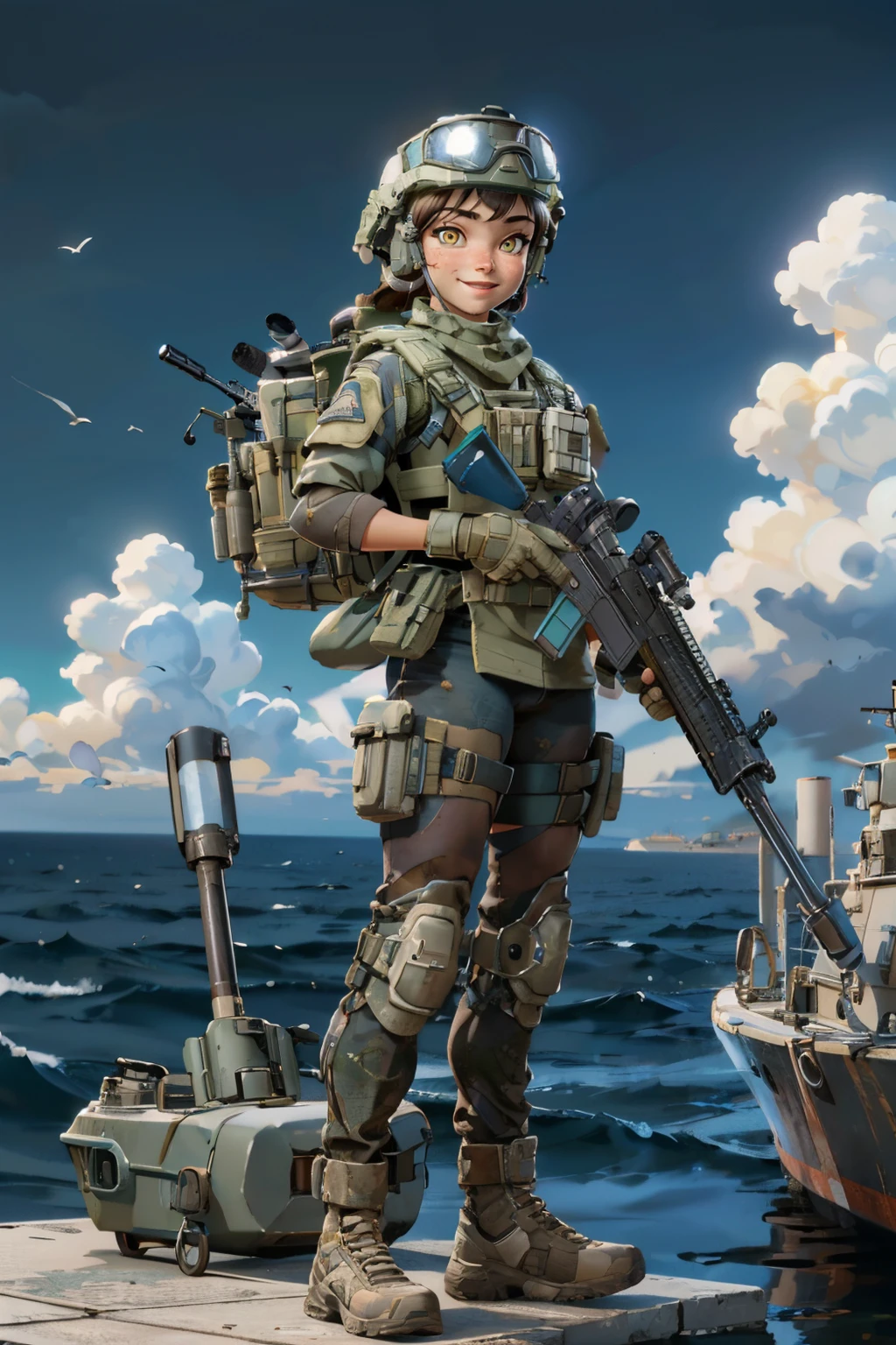 blasco, yellow eyes, dirty face, helmet, goggles on helmet, military clothes, bulletproof vest, knee pads, backpack, boots, looking at viewer, smiling, full body shot, standing,holding weapon, rifle, outside, boat,on battleship, ocean, clouds, high quality, masterpiece,<lora:blasco-08:.8>