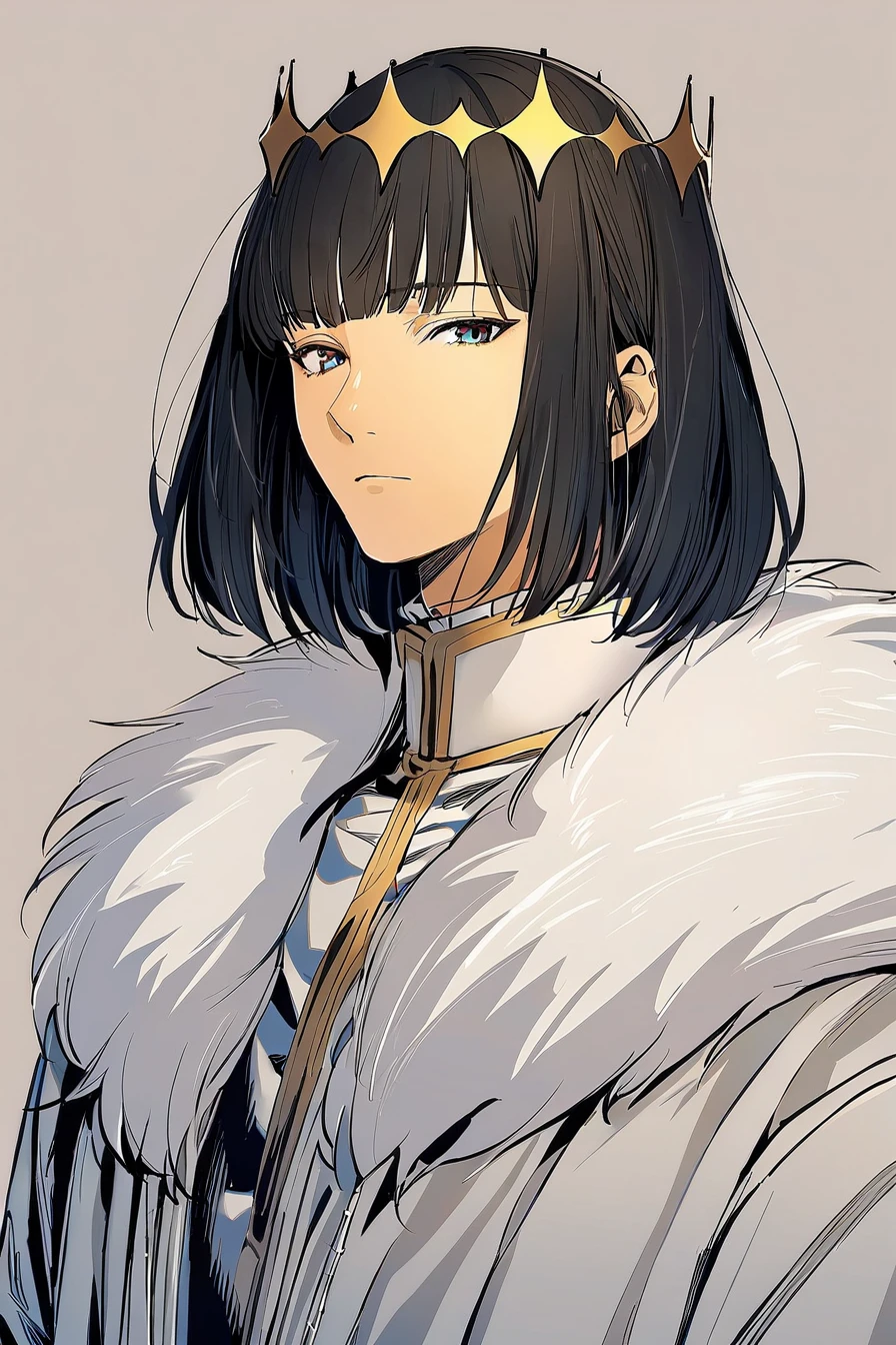 fri style, best quality, hoodxart, by mochizukikei, best quality, oberon \(fate\), 1boy, solo, male focus, crown, shirt, white shirt, looking at viewer, fur trim, bangs, black hair, official alternate costume, collared shirt, medium hair, closed mouth, simple background, alternate hair color, blue eyes, upper body